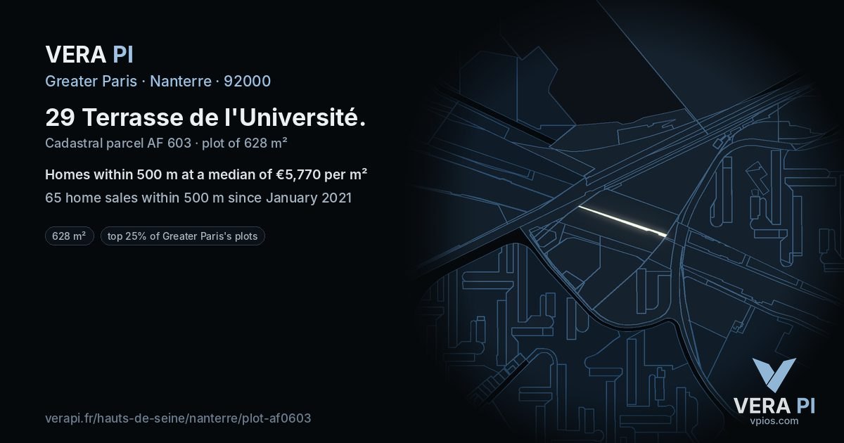 29 Terrasse de l'Université, Nanterre at night – the plot lit, the parcels around coloured by the prices near them