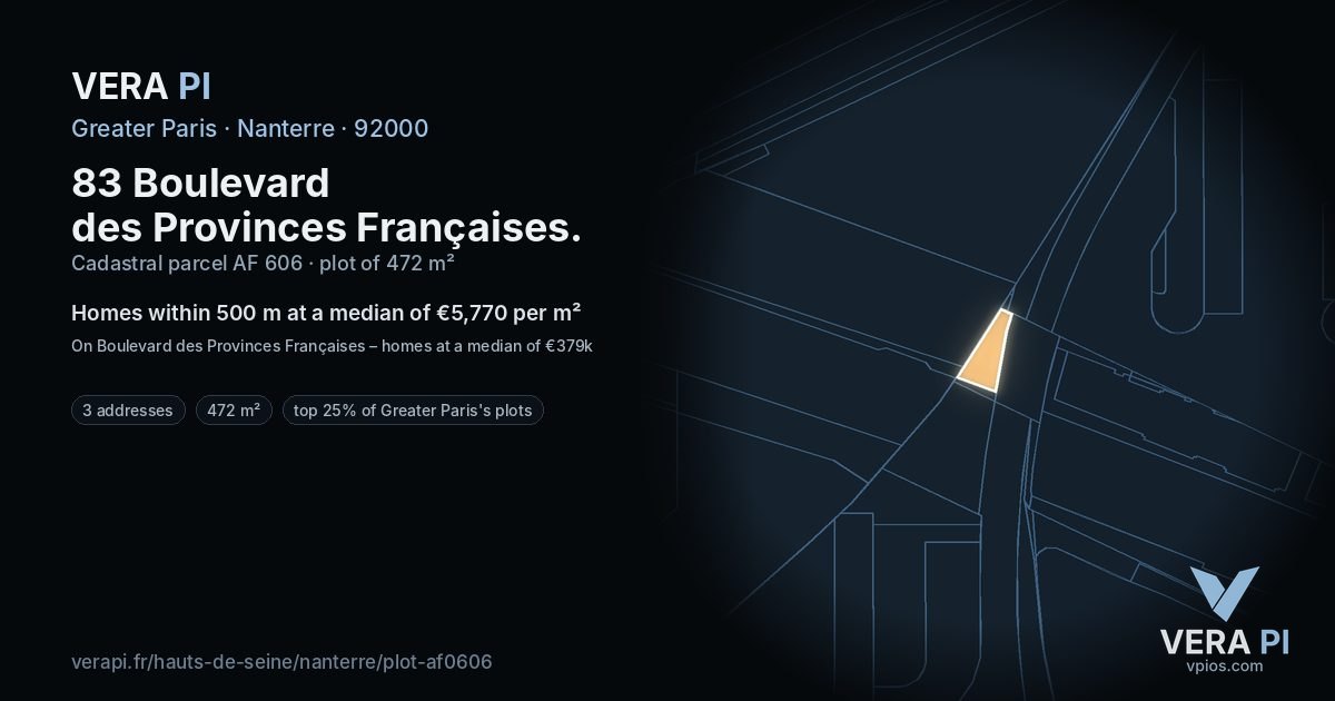 83 Boulevard des Provinces Françaises, Nanterre at night – the plot lit, the parcels around coloured by the prices near them