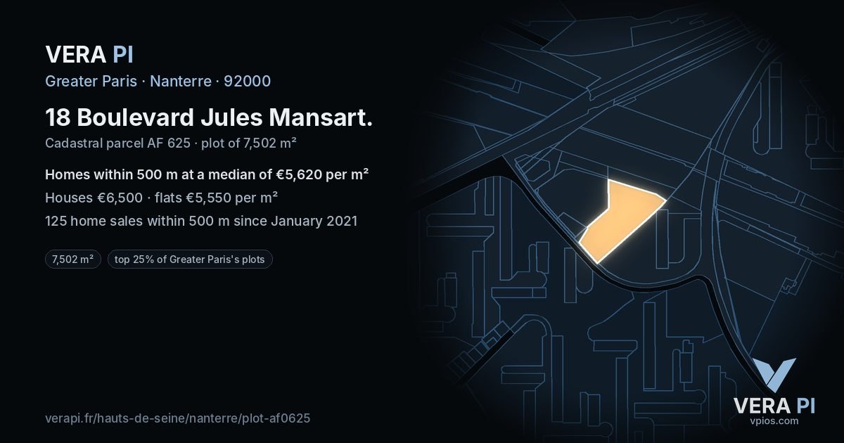 18 Boulevard Jules Mansart, Nanterre at night – the plot lit, the parcels around coloured by the prices near them