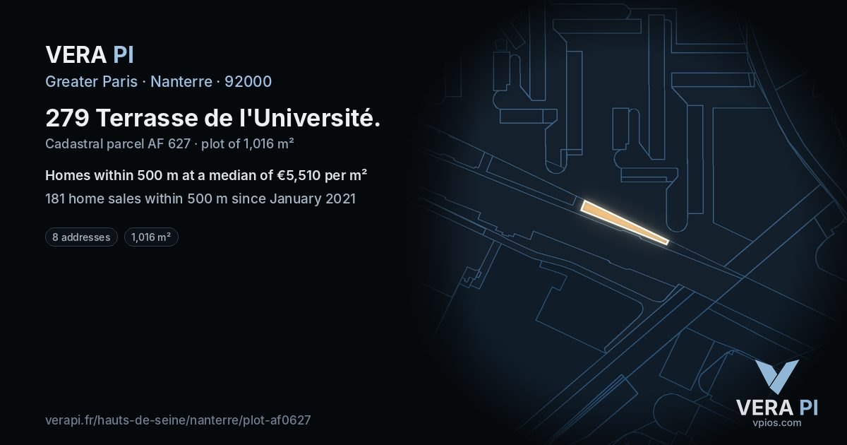 279 Terrasse de l'Université, Nanterre at night – the plot lit, the parcels around coloured by the prices near them
