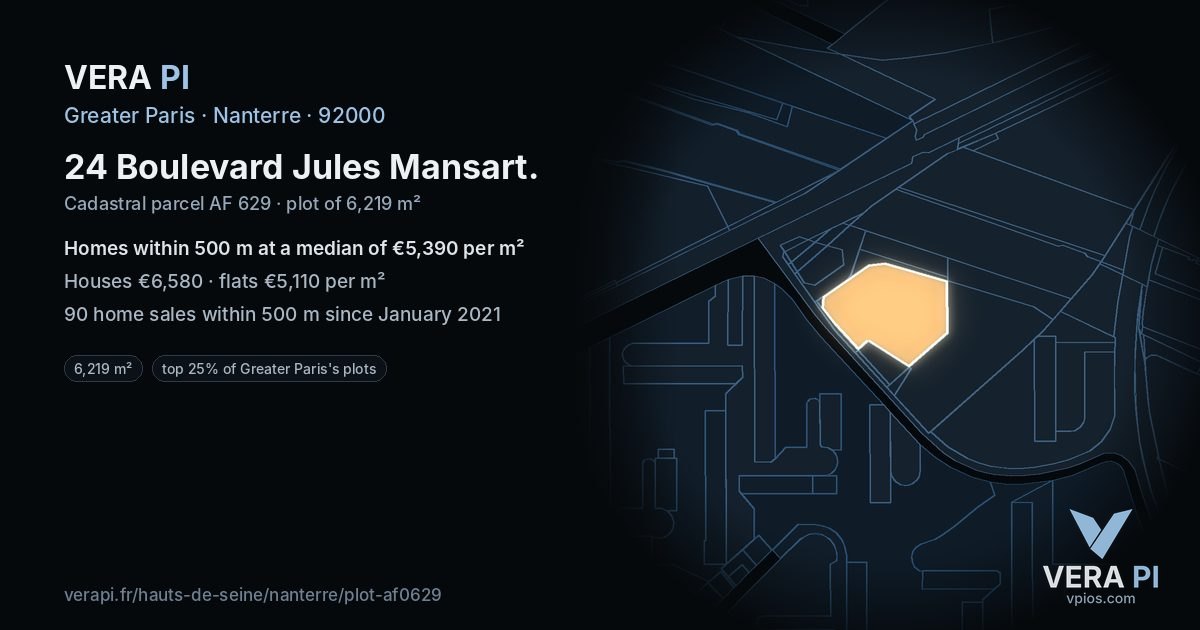24 Boulevard Jules Mansart, Nanterre at night – the plot lit, the parcels around coloured by the prices near them