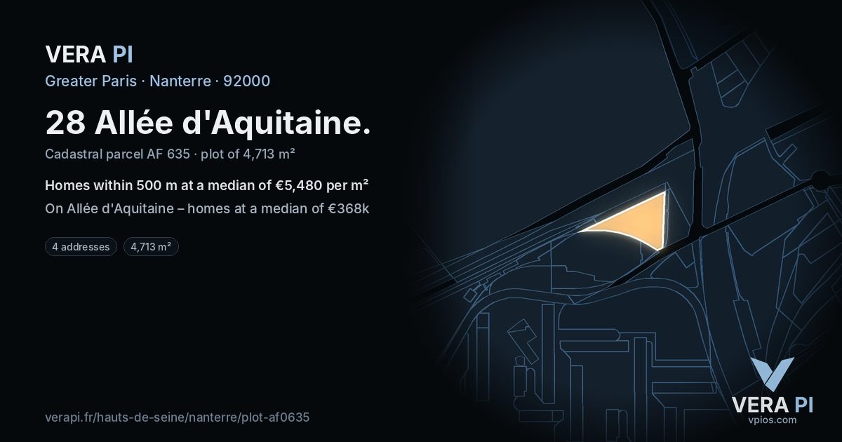 28 Allée d'Aquitaine, Nanterre at night – the plot lit, the parcels around coloured by the prices near them
