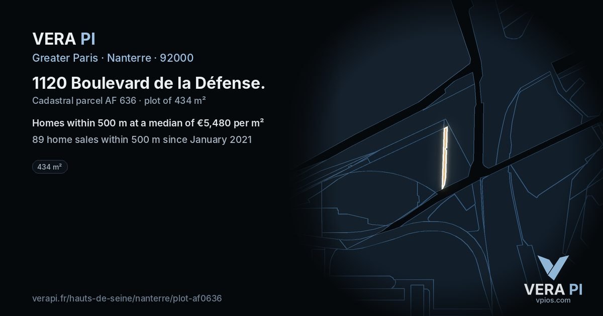 1120 Boulevard de la Défense, Nanterre at night – the plot lit, the parcels around coloured by the prices near them