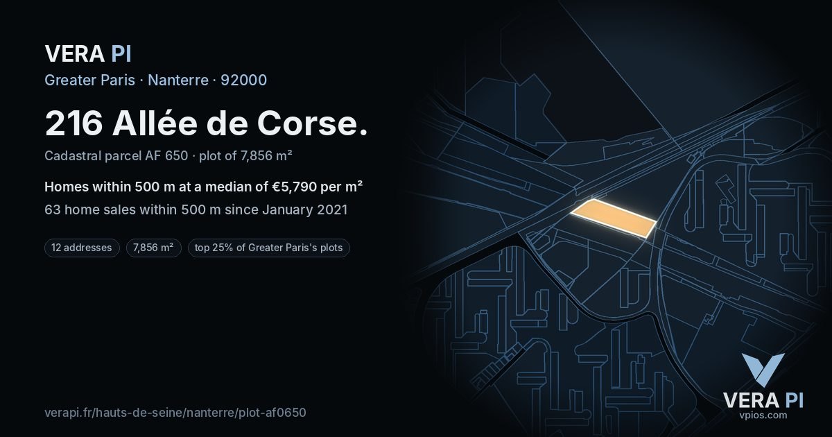 216 Allée de Corse, Nanterre at night – the plot lit, the parcels around coloured by the prices near them