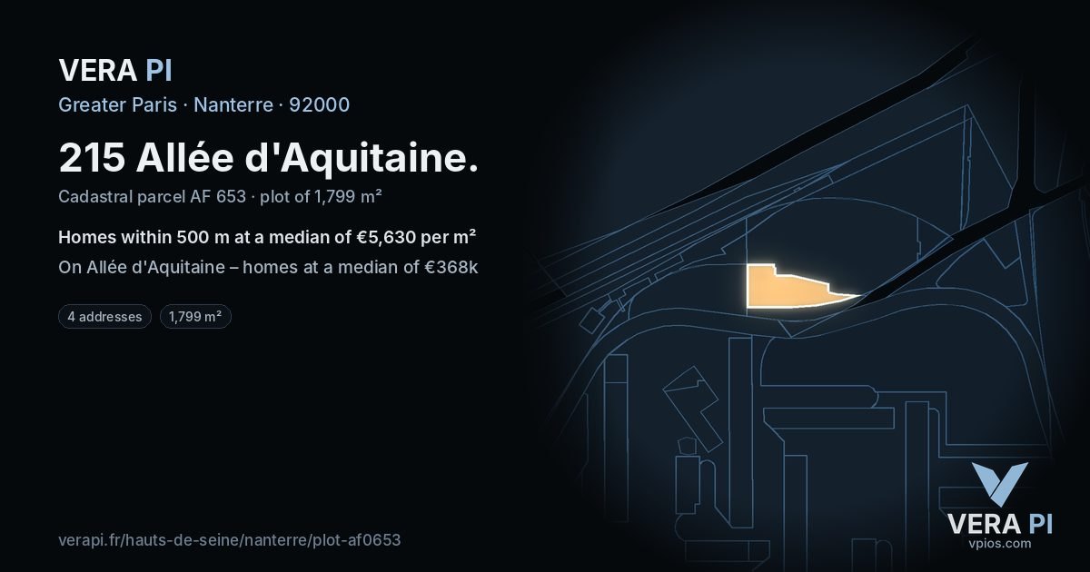 215 Allée d'Aquitaine, Nanterre at night – the plot lit, the parcels around coloured by the prices near them
