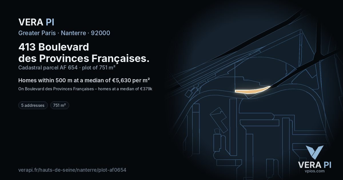 413 Boulevard des Provinces Françaises, Nanterre at night – the plot lit, the parcels around coloured by the prices near them