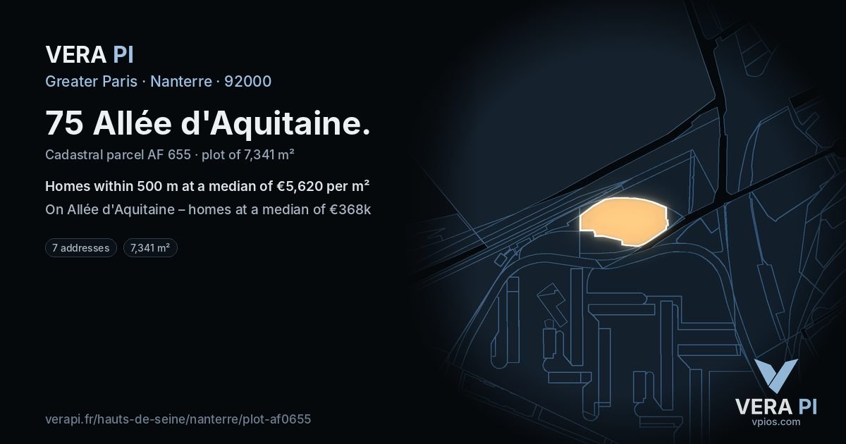 75 Allée d'Aquitaine, Nanterre at night – the plot lit, the parcels around coloured by the prices near them