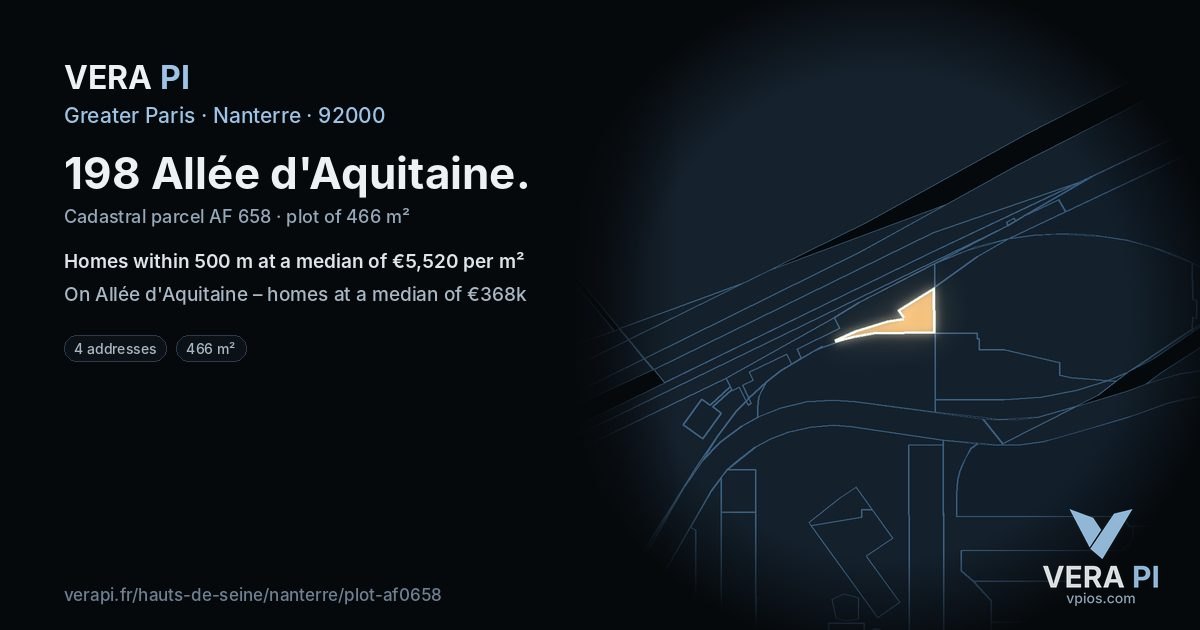 198 Allée d'Aquitaine, Nanterre at night – the plot lit, the parcels around coloured by the prices near them