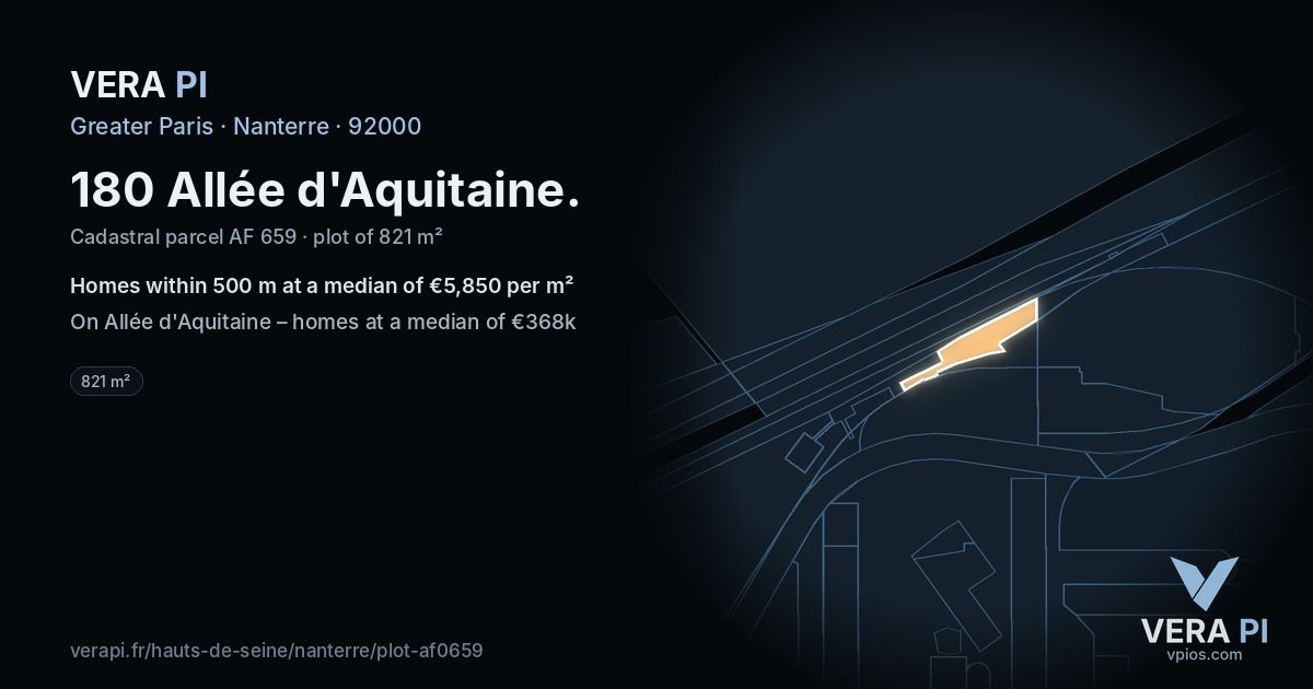180 Allée d'Aquitaine, Nanterre at night – the plot lit, the parcels around coloured by the prices near them