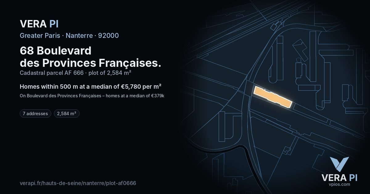 68 Boulevard des Provinces Françaises, Nanterre at night – the plot lit, the parcels around coloured by the prices near them