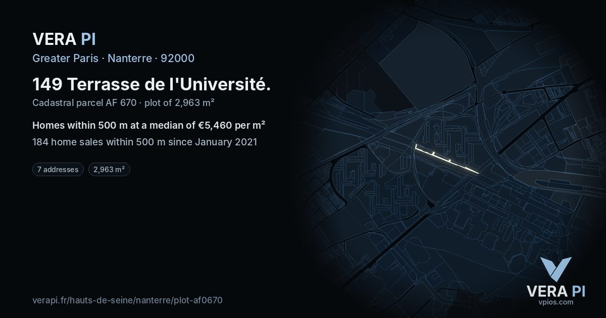149 Terrasse de l'Université, Nanterre at night – the plot lit, the parcels around coloured by the prices near them