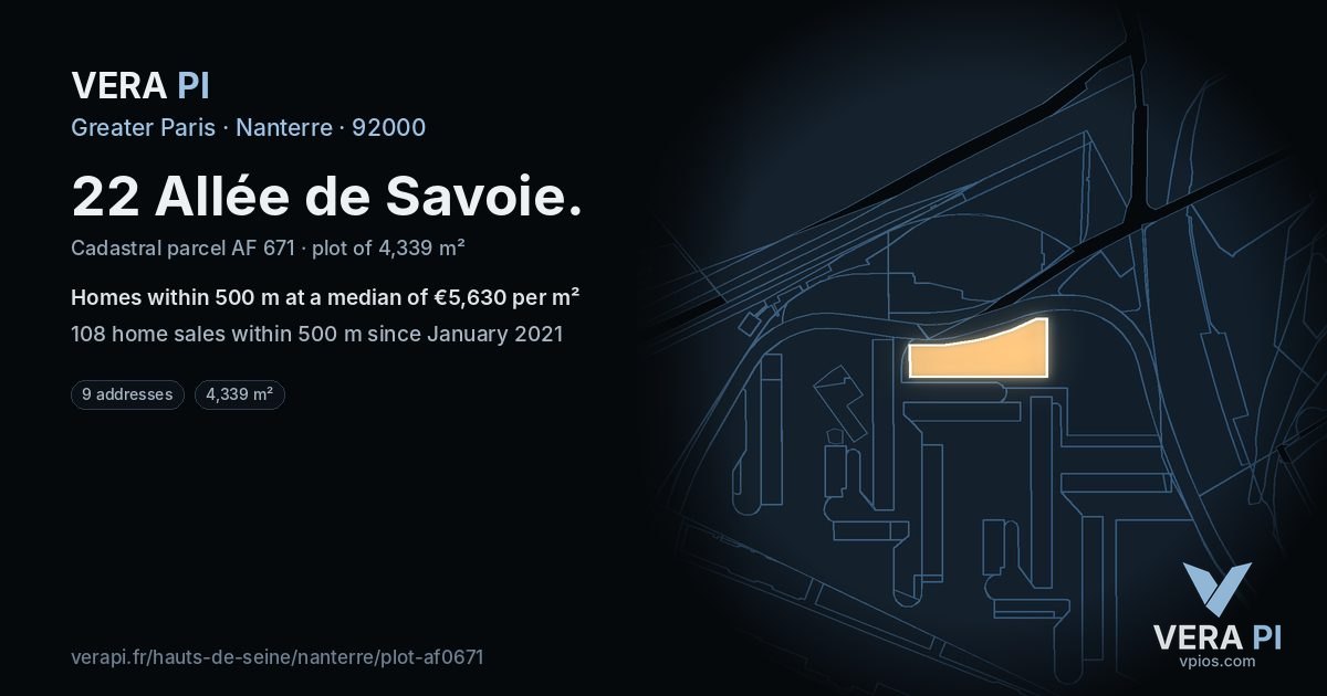 22 Allée de Savoie, Nanterre at night – the plot lit, the parcels around coloured by the prices near them