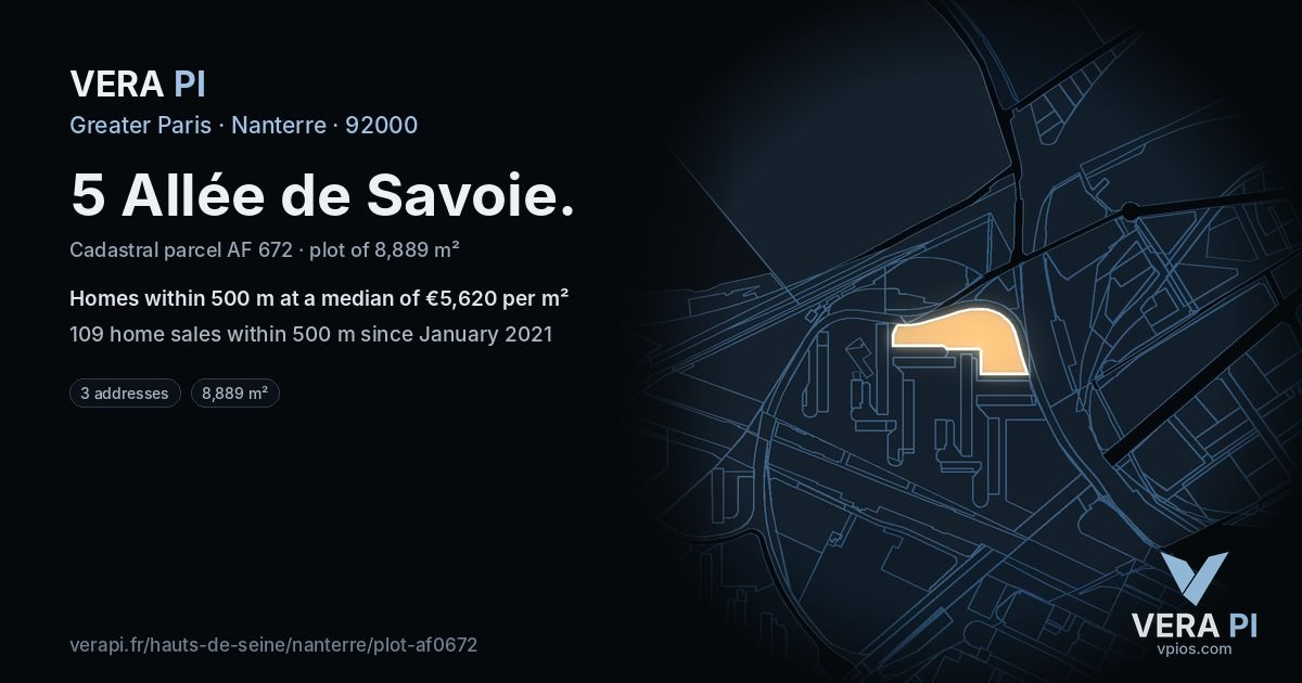 5 Allée de Savoie, Nanterre at night – the plot lit, the parcels around coloured by the prices near them