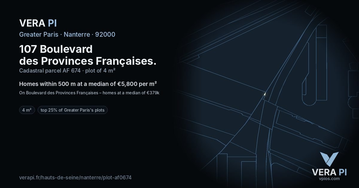 107 Boulevard des Provinces Françaises, Nanterre at night – the plot lit, the parcels around coloured by the prices near them