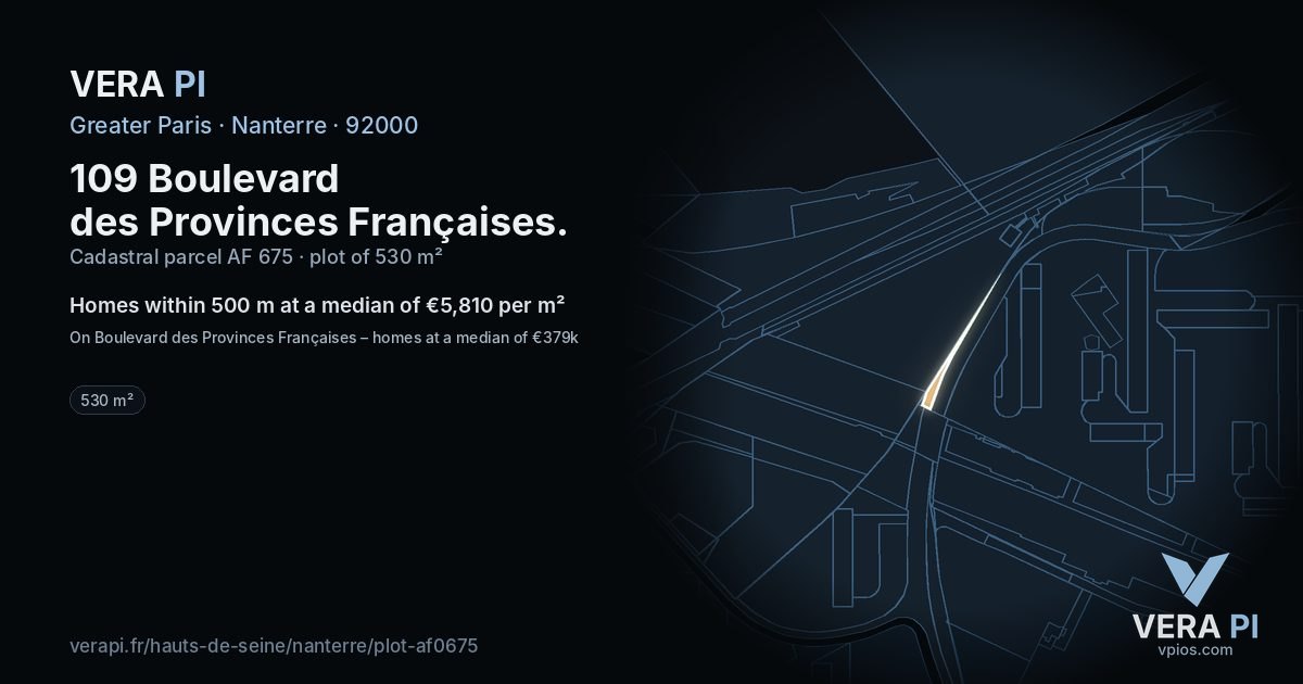 109 Boulevard des Provinces Françaises, Nanterre at night – the plot lit, the parcels around coloured by the prices near them