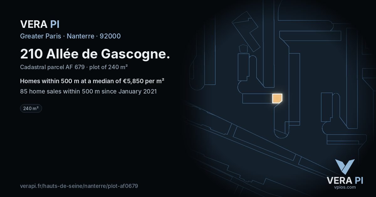 210 Allée de Gascogne, Nanterre at night – the plot lit, the parcels around coloured by the prices near them