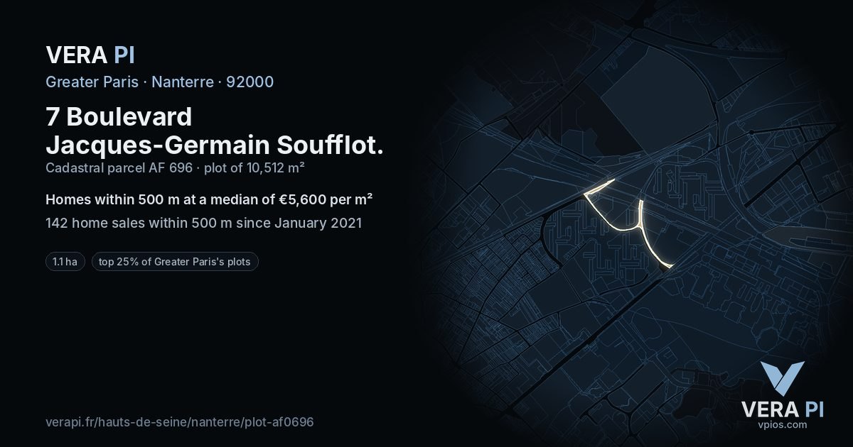 7 Boulevard Jacques-Germain Soufflot, Nanterre at night – the plot lit, the parcels around coloured by the prices near them