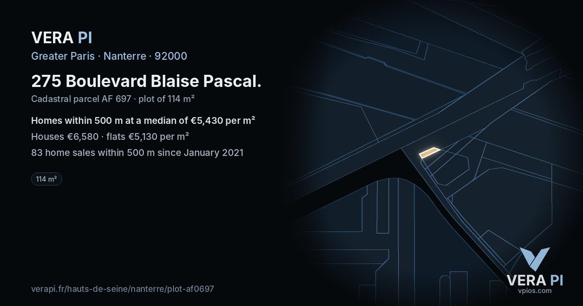 275 Boulevard Blaise Pascal, Nanterre at night – the plot lit, the parcels around coloured by the prices near them