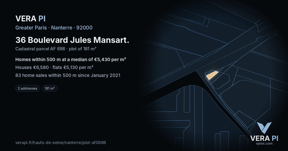 36 Boulevard Jules Mansart, Nanterre at night – the plot lit, the parcels around coloured by the prices near them