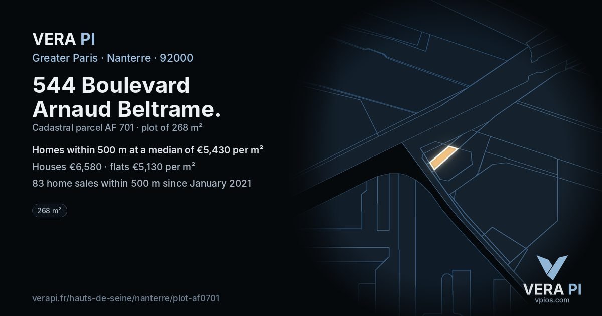 544 Boulevard Arnaud Beltrame, Nanterre at night – the plot lit, the parcels around coloured by the prices near them