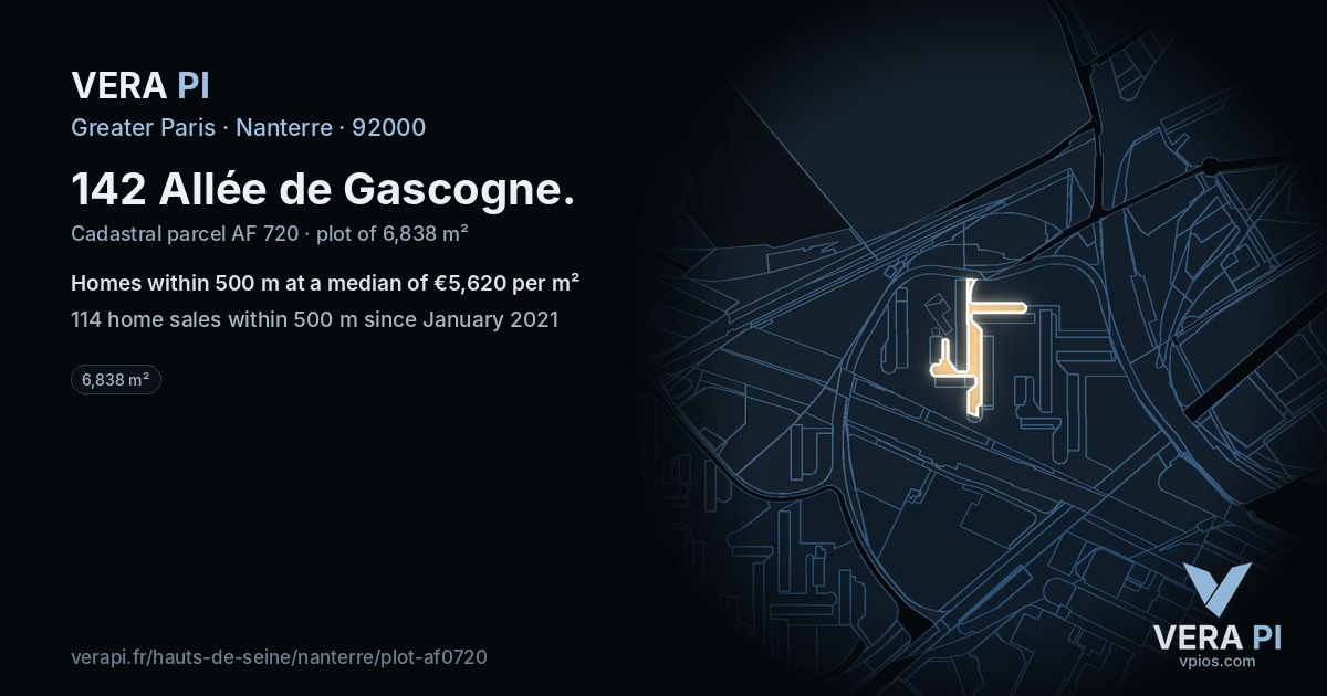 142 Allée de Gascogne, Nanterre at night – the plot lit, the parcels around coloured by the prices near them
