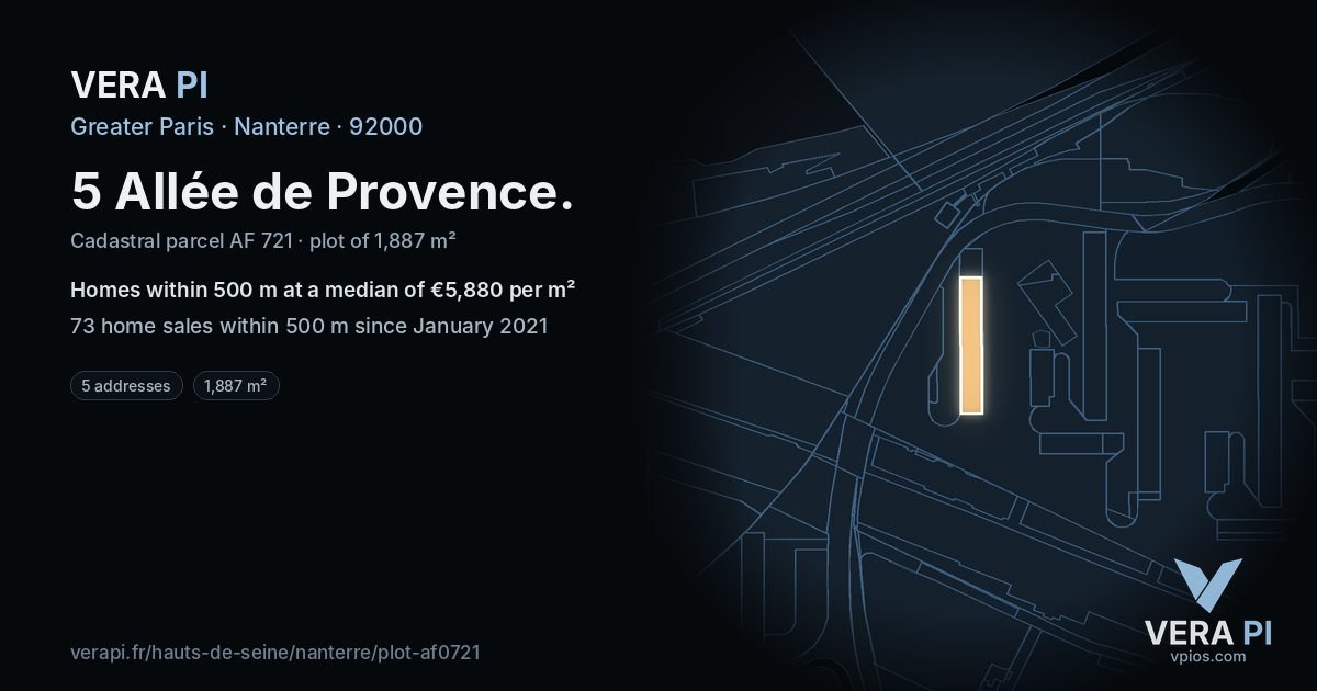 5 Allée de Provence, Nanterre at night – the plot lit, the parcels around coloured by the prices near them