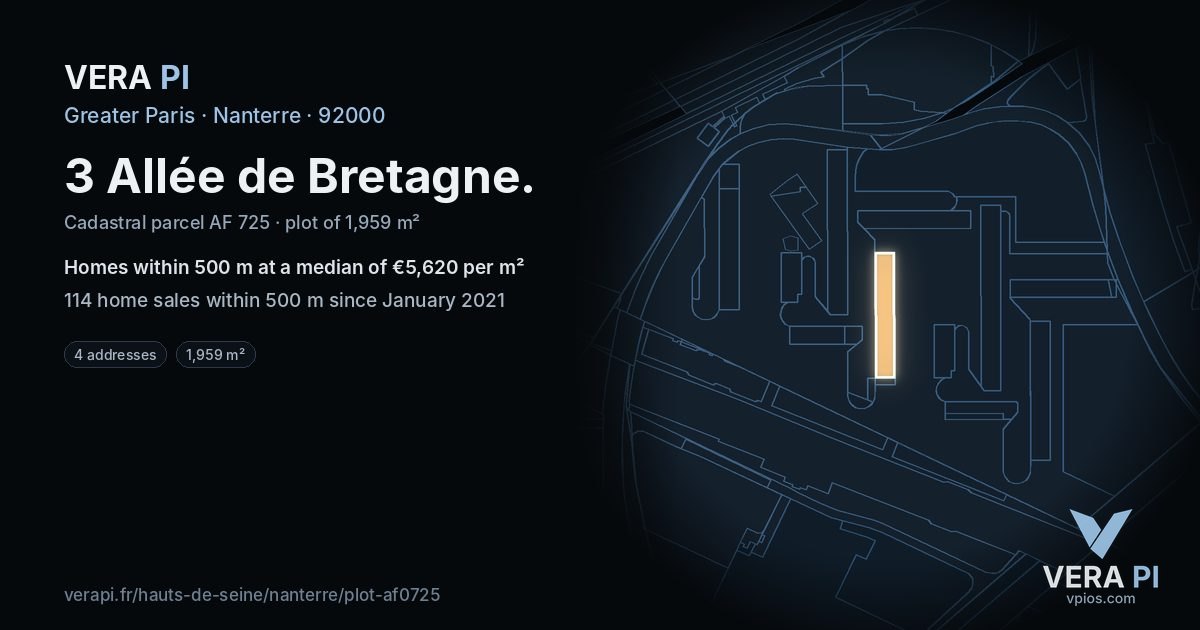3 Allée de Bretagne, Nanterre at night – the plot lit, the parcels around coloured by the prices near them