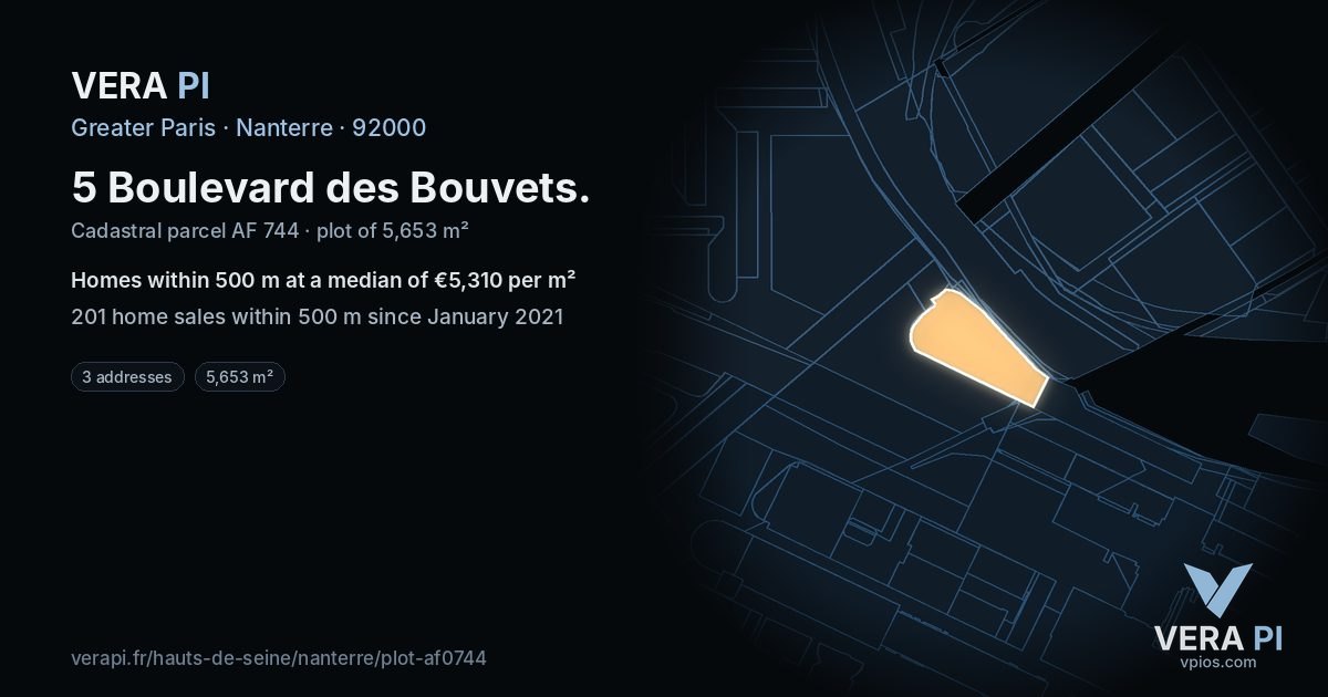 5 Boulevard des Bouvets, Nanterre at night – the plot lit, the parcels around coloured by the prices near them