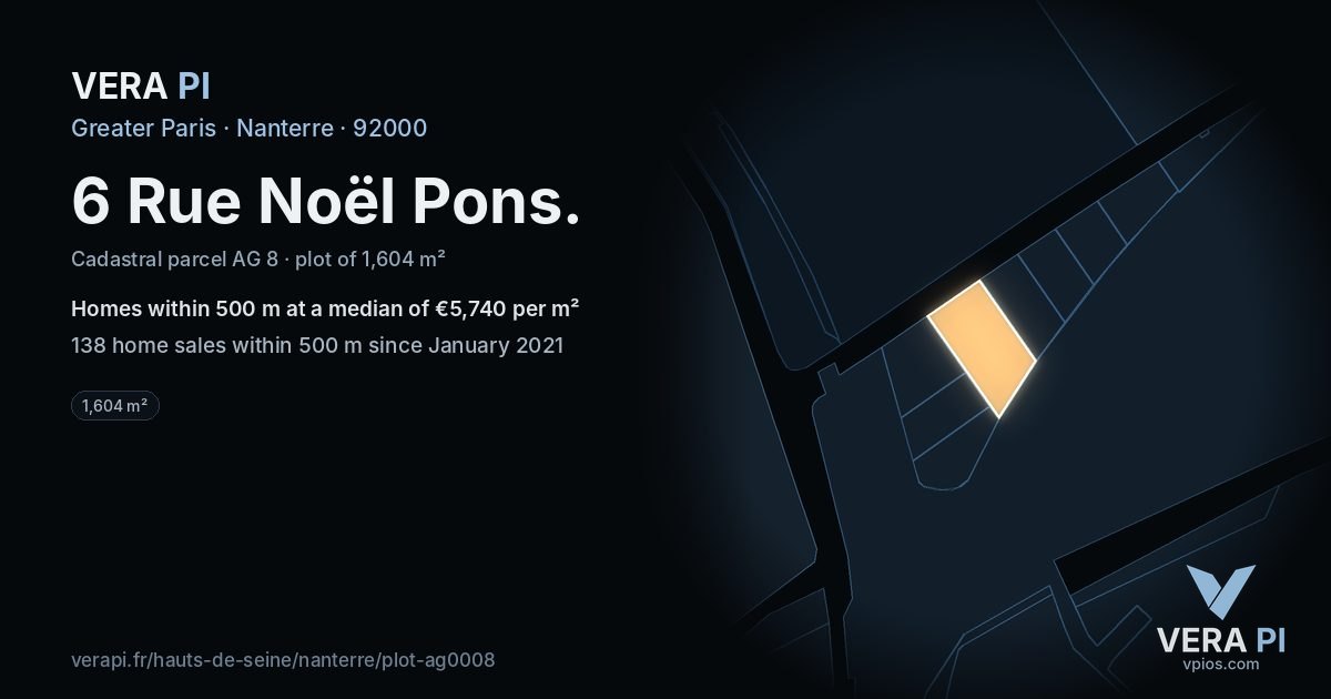 6 Rue Noël Pons, Nanterre at night – the plot lit, the parcels around coloured by the prices near them