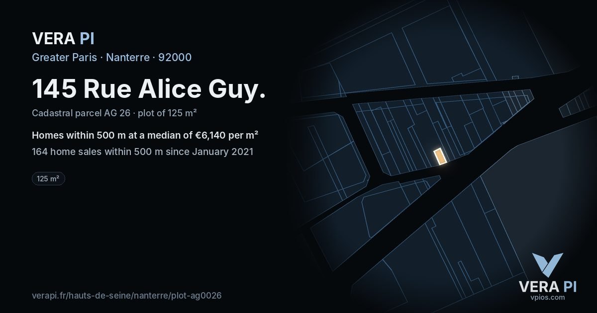 145 Rue Alice Guy, Nanterre at night – the plot lit, the parcels around coloured by the prices near them