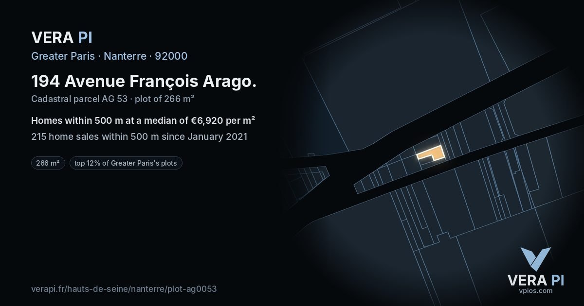 194 Avenue François Arago, Nanterre at night – the plot lit, the parcels around coloured by the prices near them