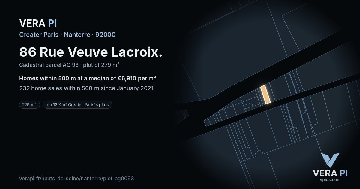 86 Rue Veuve Lacroix, Nanterre at night – the plot lit, the parcels around coloured by the prices near them