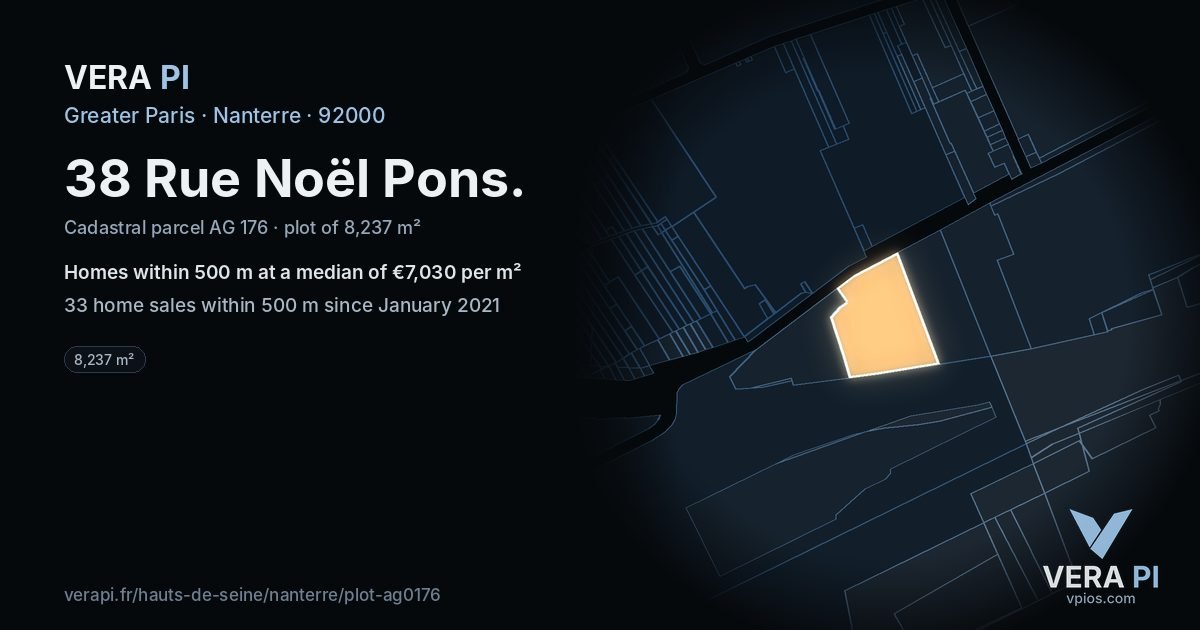 38 Rue Noël Pons, Nanterre at night – the plot lit, the parcels around coloured by the prices near them