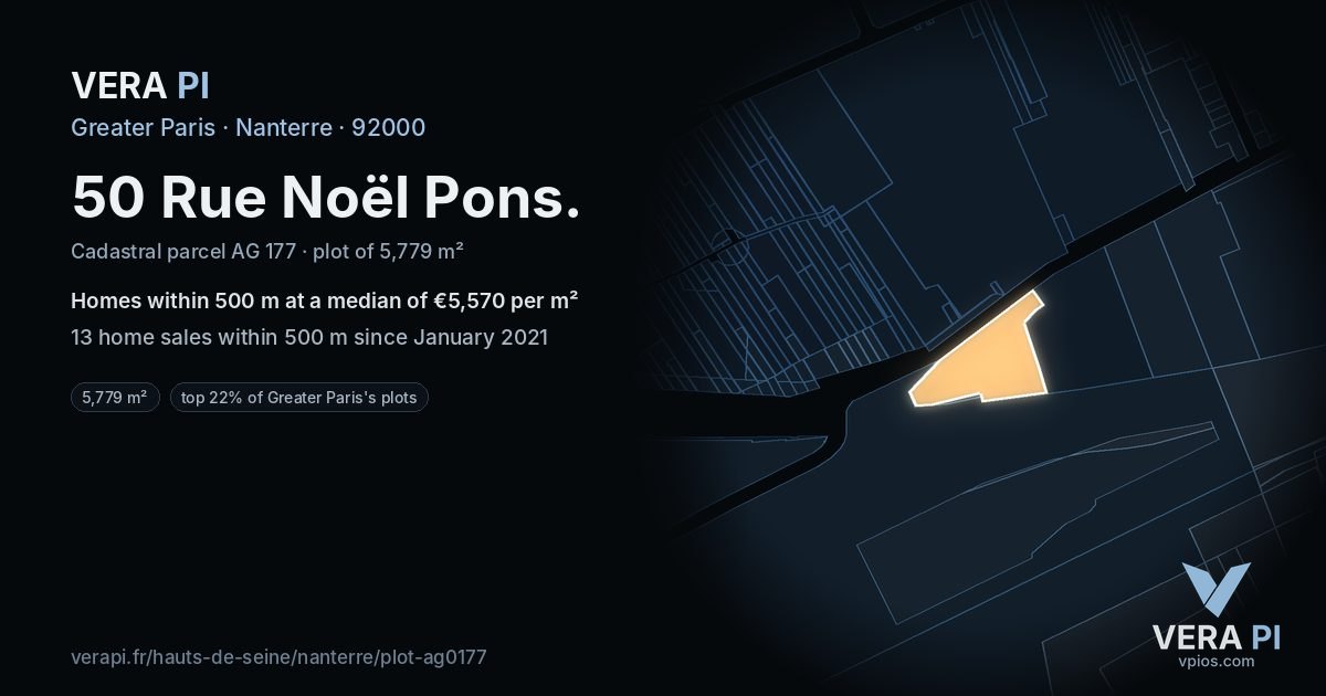50 Rue Noël Pons, Nanterre at night – the plot lit, the parcels around coloured by the prices near them