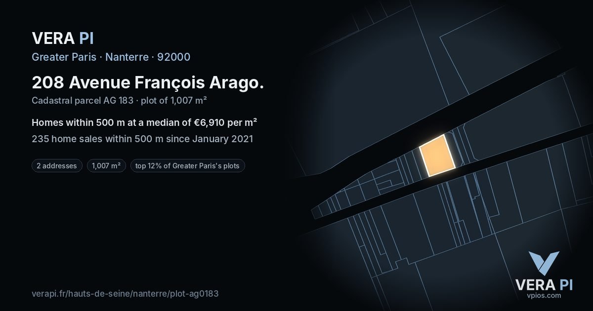 208 Avenue François Arago, Nanterre at night – the plot lit, the parcels around coloured by the prices near them