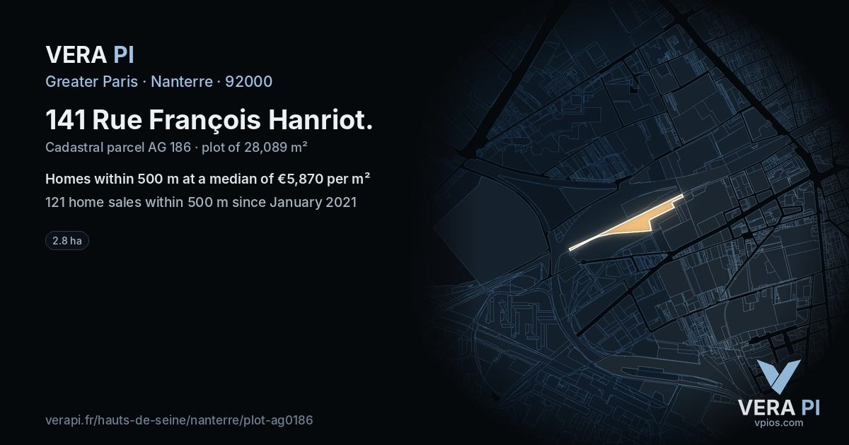 141 Rue François Hanriot, Nanterre at night – the plot lit, the parcels around coloured by the prices near them