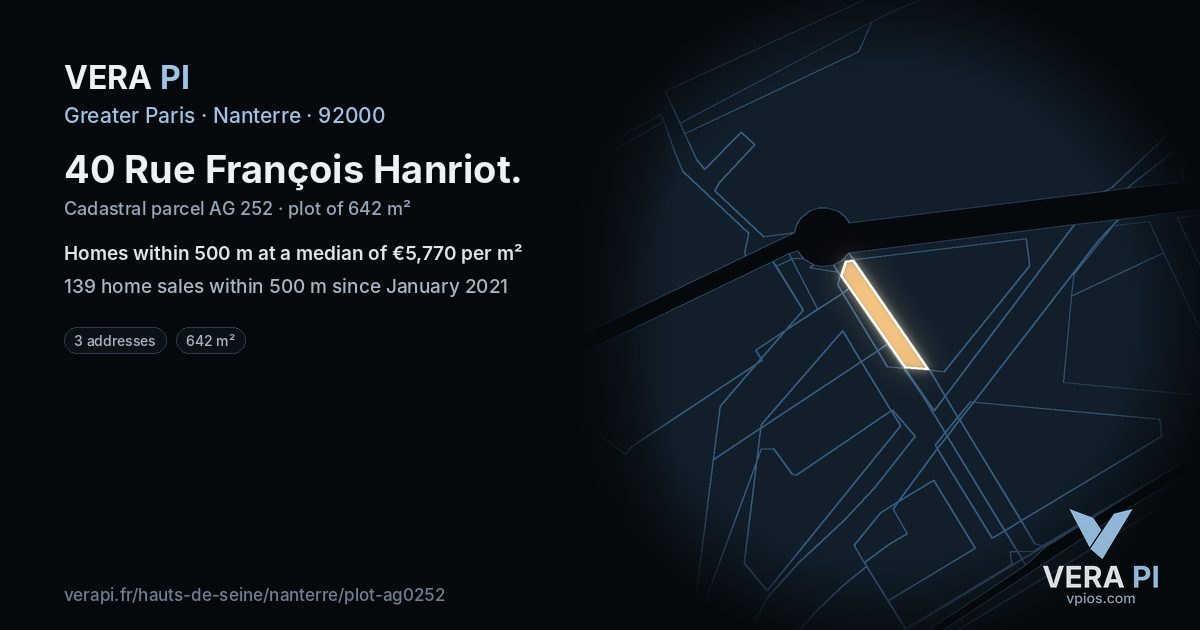 40 Rue François Hanriot, Nanterre at night – the plot lit, the parcels around coloured by the prices near them