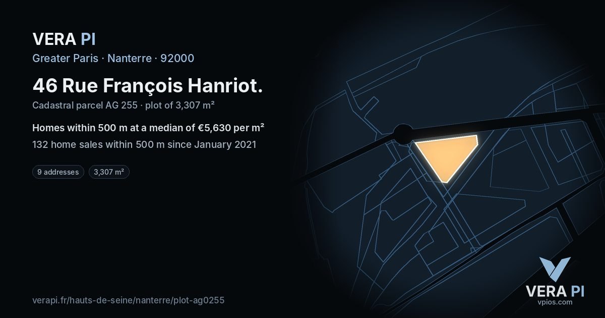 46 Rue François Hanriot, Nanterre at night – the plot lit, the parcels around coloured by the prices near them