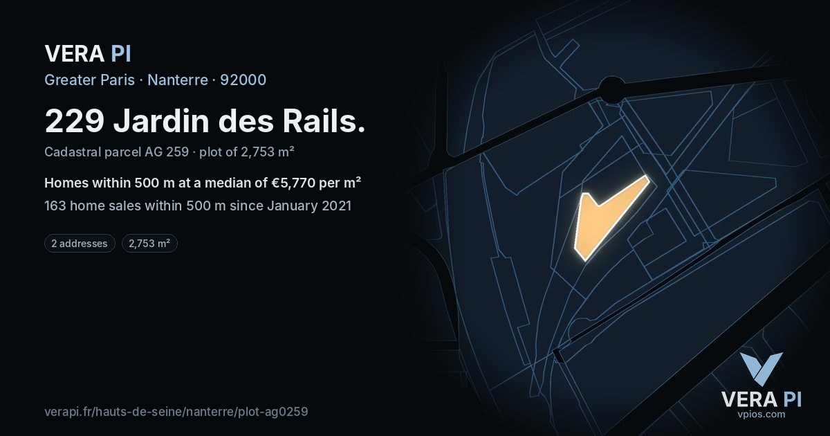 229 Jardin des Rails, Nanterre at night – the plot lit, the parcels around coloured by the prices near them