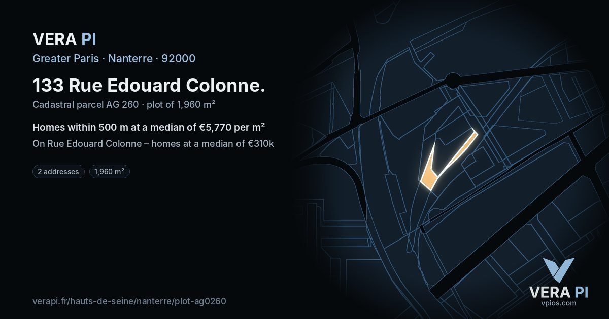 133 Rue Edouard Colonne, Nanterre at night – the plot lit, the parcels around coloured by the prices near them
