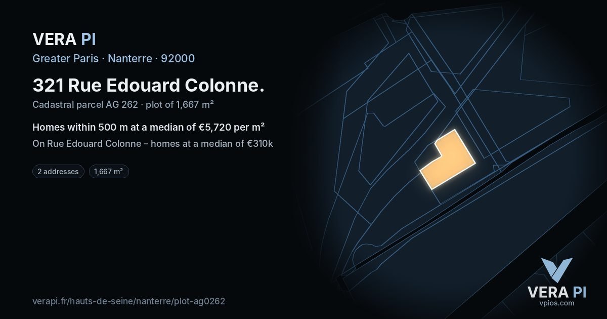 321 Rue Edouard Colonne, Nanterre at night – the plot lit, the parcels around coloured by the prices near them