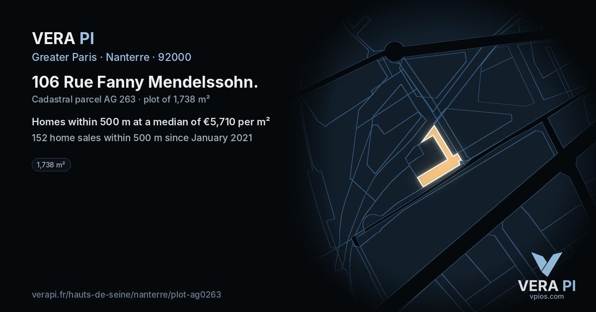 106 Rue Fanny Mendelssohn, Nanterre at night – the plot lit, the parcels around coloured by the prices near them