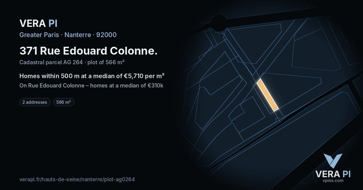 371 Rue Edouard Colonne, Nanterre at night – the plot lit, the parcels around coloured by the prices near them