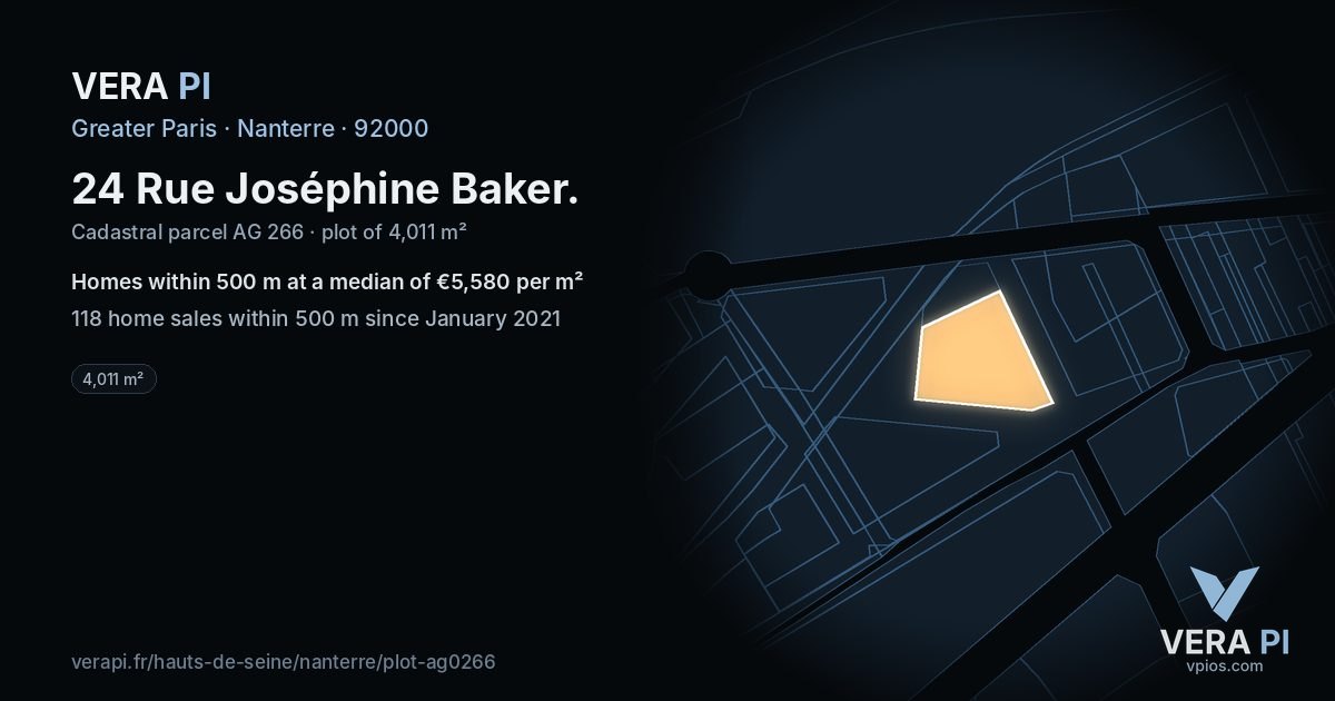 24 Rue Joséphine Baker, Nanterre at night – the plot lit, the parcels around coloured by the prices near them