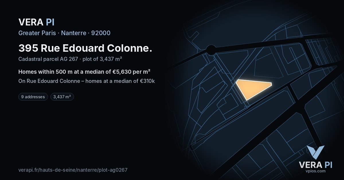 395 Rue Edouard Colonne, Nanterre at night – the plot lit, the parcels around coloured by the prices near them