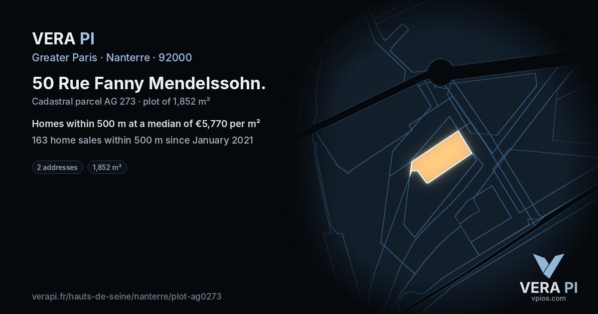 50 Rue Fanny Mendelssohn, Nanterre at night – the plot lit, the parcels around coloured by the prices near them
