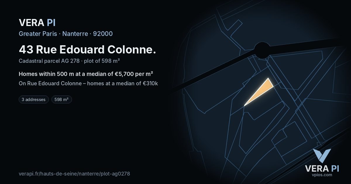 43 Rue Edouard Colonne, Nanterre at night – the plot lit, the parcels around coloured by the prices near them