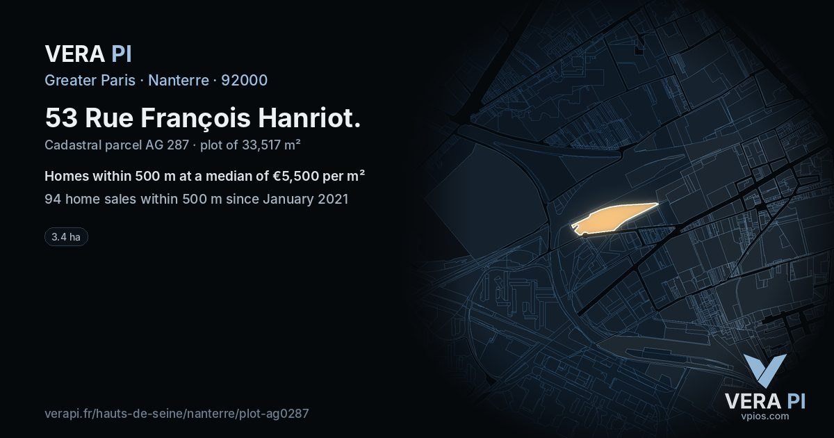 53 Rue François Hanriot, Nanterre at night – the plot lit, the parcels around coloured by the prices near them