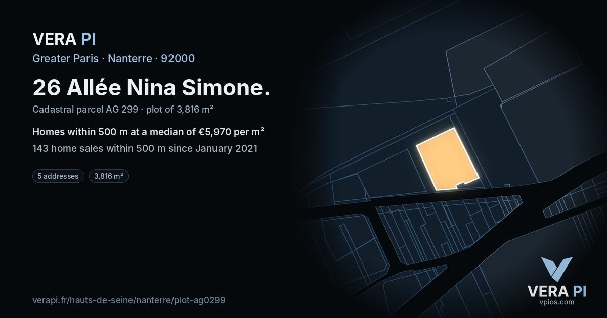 26 Allée Nina Simone, Nanterre at night – the plot lit, the parcels around coloured by the prices near them