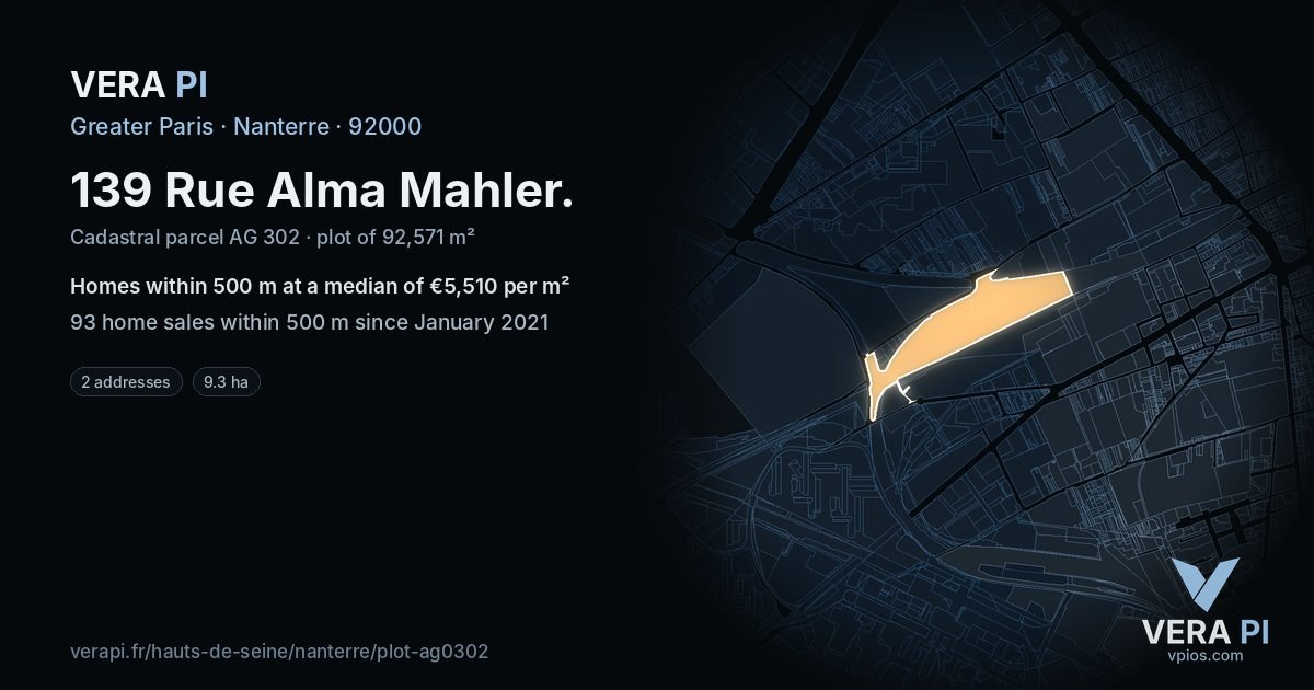 139 Rue Alma Mahler, Nanterre at night – the plot lit, the parcels around coloured by the prices near them